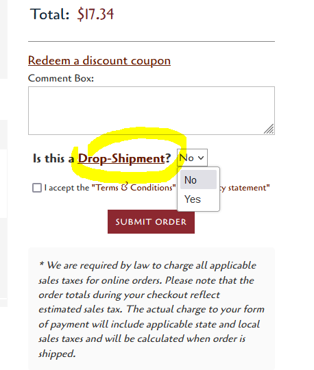 screen shot showing drop ship option during checkout